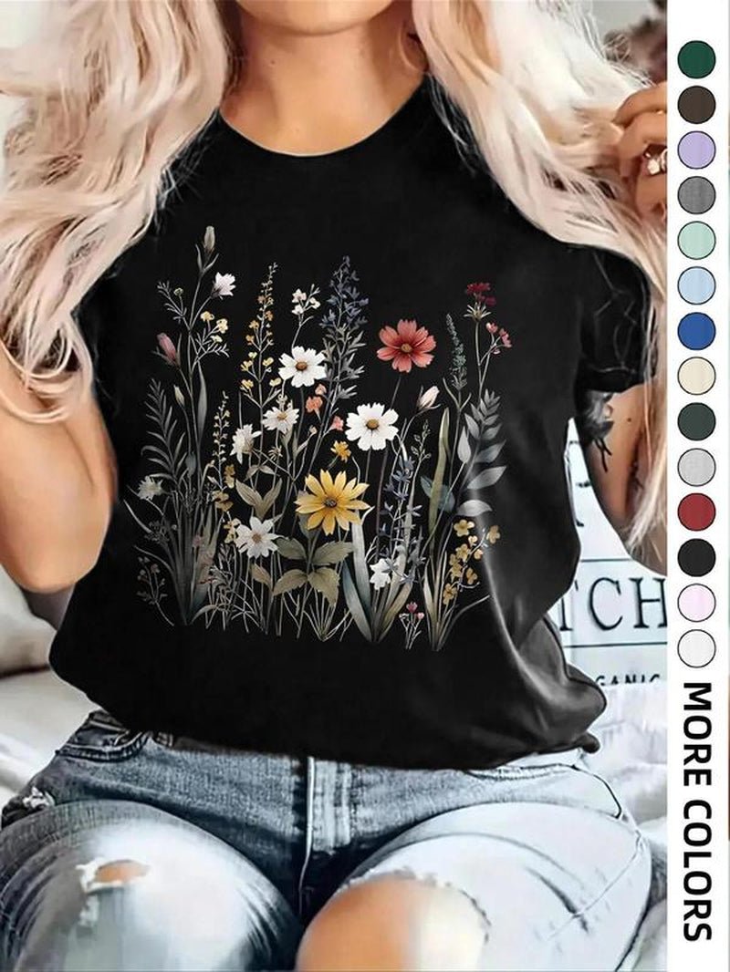 Women'S Floral Print round Neck Tee, Casual Drop Shoulder Short Sleeve T-Shirt, Ladies Summer Clothes, Tops for Women, Clothing - Bela Fils BoutiqueBela Fils Boutique