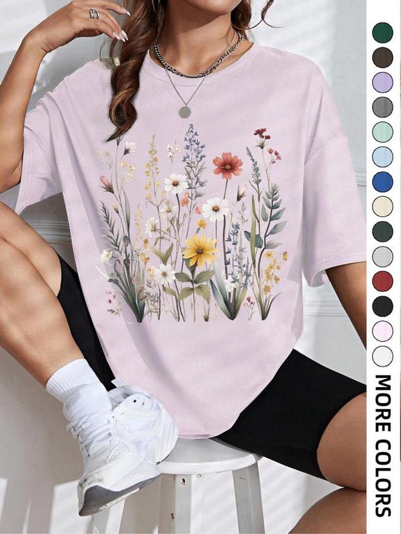 Women'S Floral Print round Neck Tee, Casual Drop Shoulder Short Sleeve T-Shirt, Ladies Summer Clothes, Tops for Women, Clothing - Bela Fils BoutiqueBela Fils Boutique