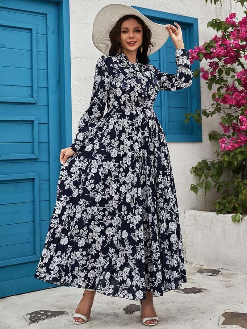 Women'S Floral Print Tie Neck Long Sleeve Vintage A - Line Dress, Summer Clothes Women, Elegant Flared Long Maxi Dresses for Spring & Fall, Women Clothing - Bela Fils BoutiqueBela Fils Boutique