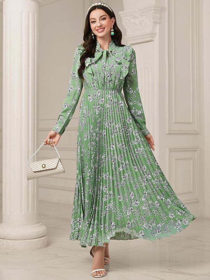 Women'S Floral Print Tie Neck Long Sleeve Vintage A - Line Dress, Summer Clothes Women, Elegant Flared Long Maxi Dresses for Spring & Fall, Women Clothing - Bela Fils BoutiqueBela Fils Boutique