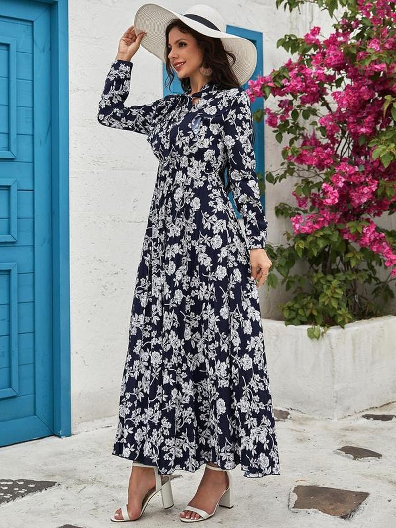Women'S Floral Print Tie Neck Long Sleeve Vintage A - Line Dress, Summer Clothes Women, Elegant Flared Long Maxi Dresses for Spring & Fall, Women Clothing - Bela Fils BoutiqueBela Fils Boutique