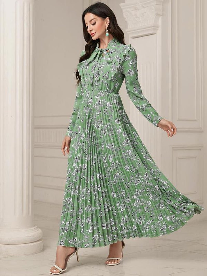 Women'S Floral Print Tie Neck Long Sleeve Vintage A - Line Dress, Summer Clothes Women, Elegant Flared Long Maxi Dresses for Spring & Fall, Women Clothing - Bela Fils BoutiqueBela Fils Boutique