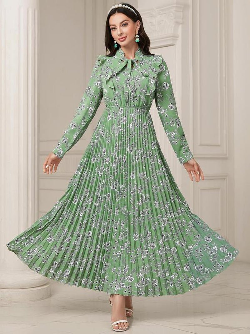 Women'S Floral Print Tie Neck Long Sleeve Vintage A - Line Dress, Summer Clothes Women, Elegant Flared Long Maxi Dresses for Spring & Fall, Women Clothing - Bela Fils BoutiqueBela Fils Boutique