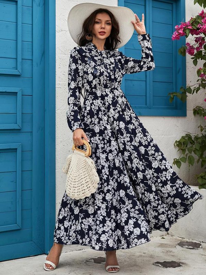 Women'S Floral Print Tie Neck Long Sleeve Vintage A - Line Dress, Summer Clothes Women, Elegant Flared Long Maxi Dresses for Spring & Fall, Women Clothing - Bela Fils BoutiqueBela Fils Boutique