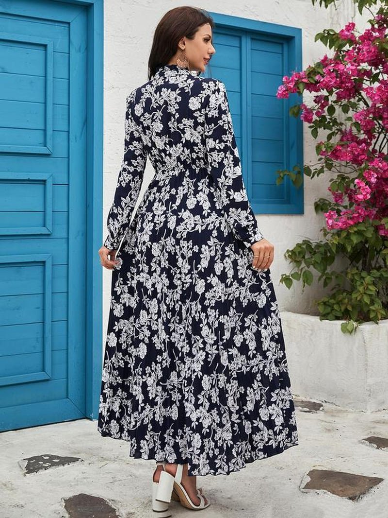 Women'S Floral Print Tie Neck Long Sleeve Vintage A - Line Dress, Summer Clothes Women, Elegant Flared Long Maxi Dresses for Spring & Fall, Women Clothing - Bela Fils BoutiqueBela Fils Boutique