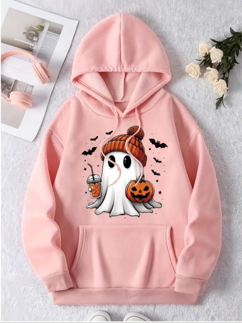 Women'S Ghost Print Thermal Lined Hoodie, Fashion Casual Drawstring Pocket Hooded Sweatshirt for Daily Holiday Outdoor Wear, Women Clothing for Fall & Winter Halloween - Bela Fils BoutiqueBela Fils Boutique