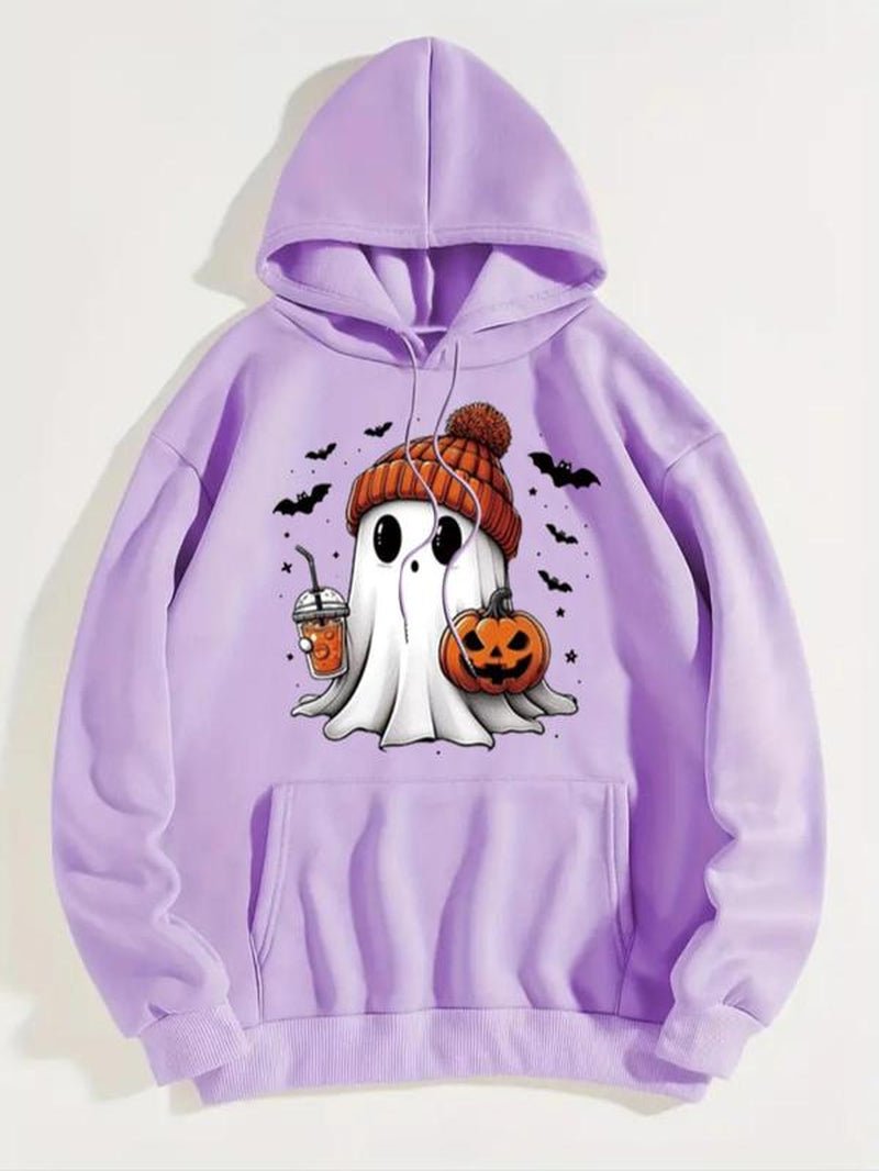 Women'S Ghost Print Thermal Lined Hoodie, Fashion Casual Drawstring Pocket Hooded Sweatshirt for Daily Holiday Outdoor Wear, Women Clothing for Fall & Winter Halloween - Bela Fils BoutiqueBela Fils Boutique