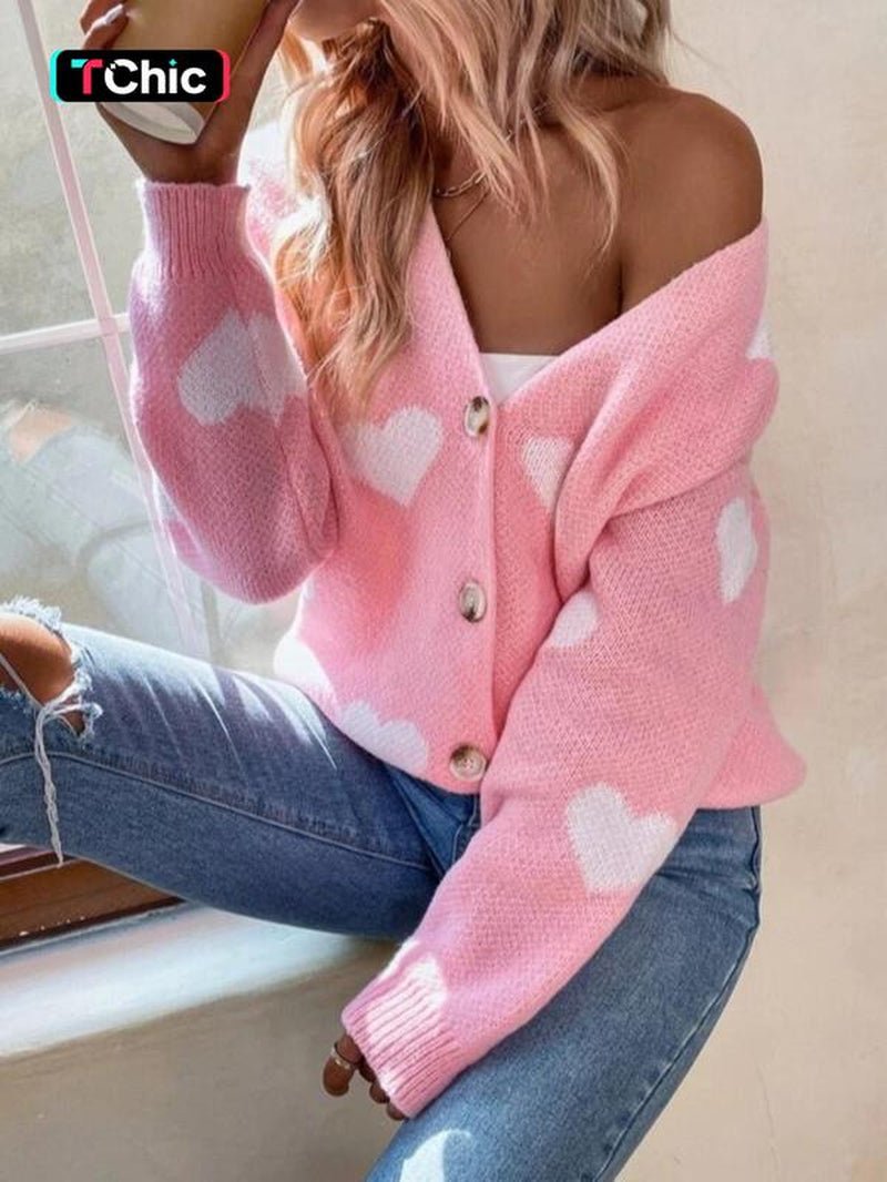 Women'S Heart Print Button Front Drop Shoulder Cardigan, Casual Long Sleeve V Neck Knitwear for Fall & Winter, Women Clothing - Bela Fils BoutiqueBela Fils Boutique