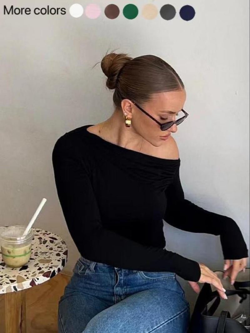 Women'S Plain Ruched Asymmetrical Neck Crop Tee, Elegant Top, Fashion Long Sleeve T-Shirt for Daily Outdoor Wear, Women Clothing for Fall & Winter - Bela Fils BoutiqueBela Fils Boutique