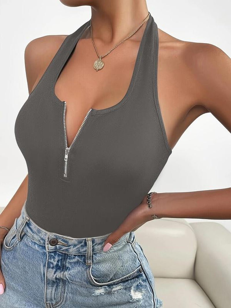 Women'S Solid Zipper Halter Neck Backless Top, Summer Clothes Women, Street Fashion Casual Sleeveless Top for Daily Outdoor Wear, Women Clothing for Summer - Bela Fils BoutiqueBela Fils Boutique