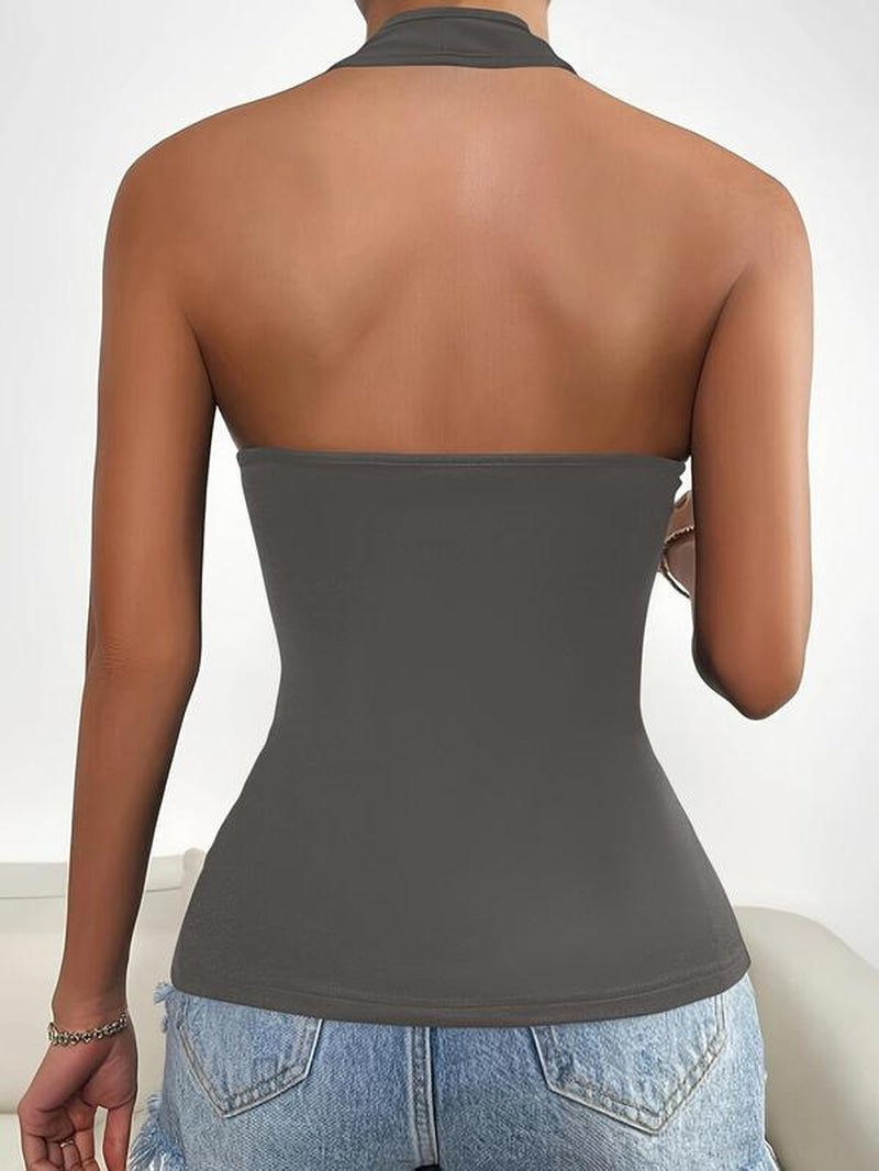 Women'S Solid Zipper Halter Neck Backless Top, Summer Clothes Women, Street Fashion Casual Sleeveless Top for Daily Outdoor Wear, Women Clothing for Summer - Bela Fils BoutiqueBela Fils Boutique