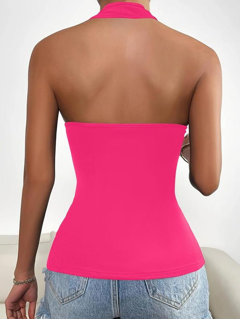 Women'S Solid Zipper Halter Neck Backless Top, Summer Clothes Women, Street Fashion Casual Sleeveless Top for Daily Outdoor Wear, Women Clothing for Summer - Bela Fils BoutiqueBela Fils Boutique