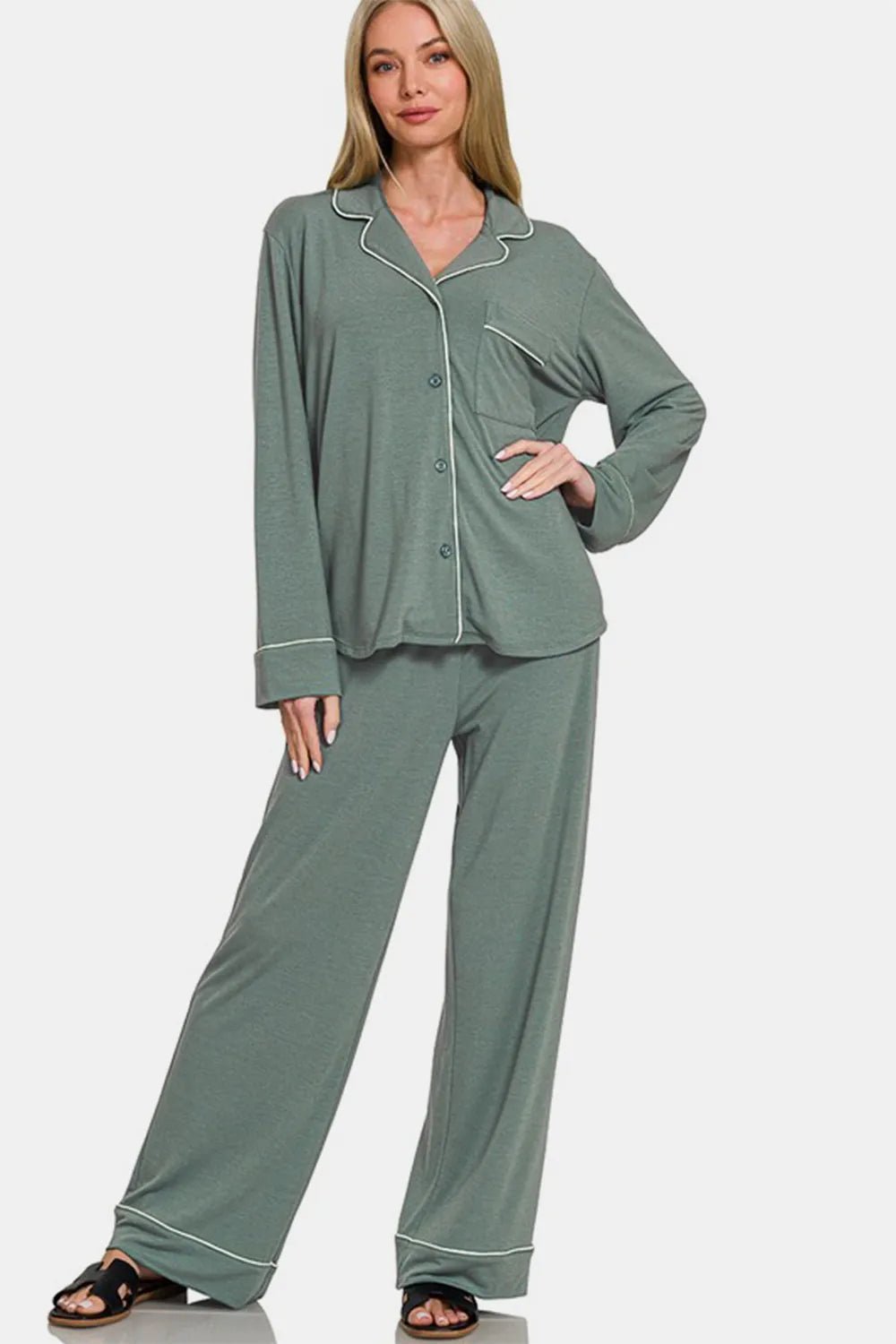 Zenana Button Down Long Sleeve Top and Pants Lounge Set - Bela Fils BoutiqueBela Fils Boutique