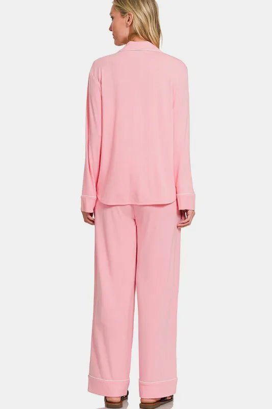 Zenana Button Down Long Sleeve Top and Pants Lounge Set - Bela Fils BoutiqueBela Fils Boutique