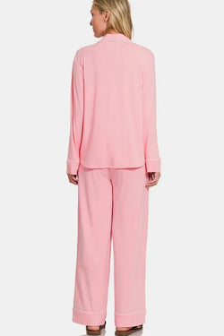 Zenana Button Down Long Sleeve Top and Pants Lounge Set - Bela Fils BoutiqueBela Fils Boutique