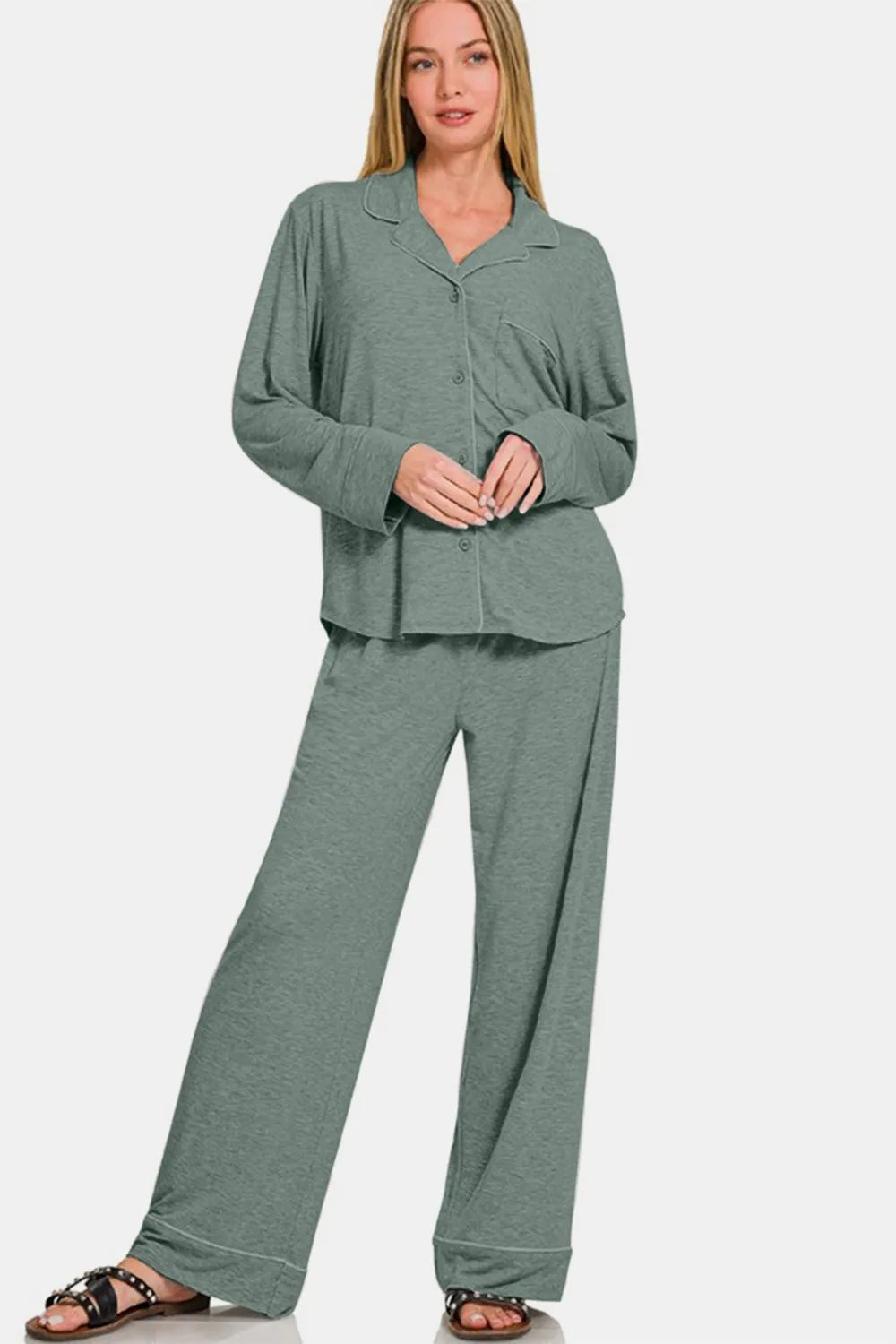 Zenana Button Down Long Sleeve Top and Pants Lounge Set - Bela Fils BoutiqueBela Fils Boutique
