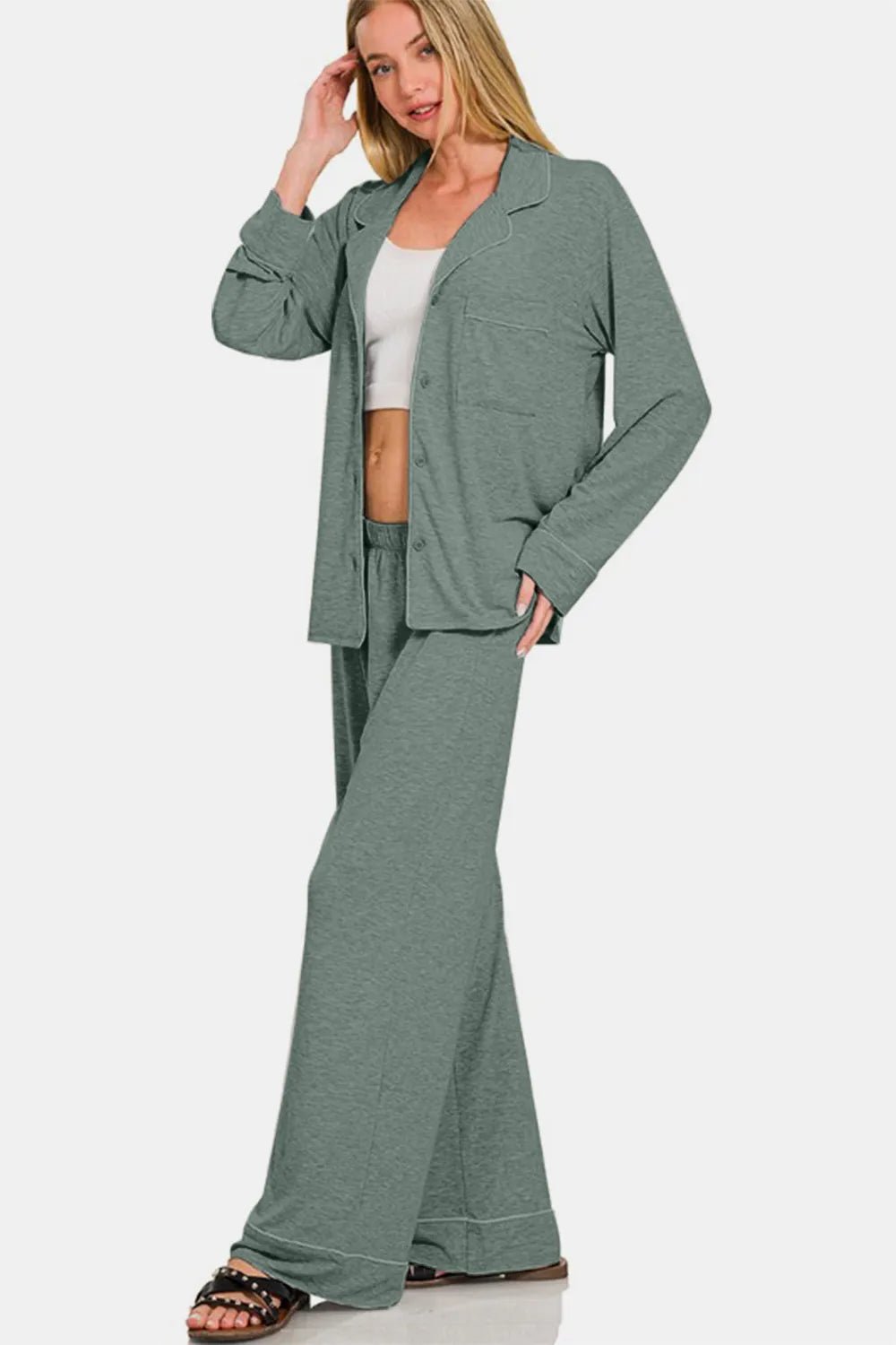 Zenana Button Down Long Sleeve Top and Pants Lounge Set - Bela Fils BoutiqueBela Fils Boutique