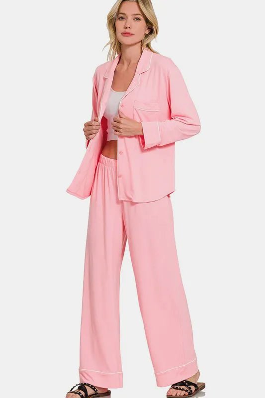 Zenana Button Down Long Sleeve Top and Pants Lounge Set - Bela Fils BoutiqueBela Fils Boutique