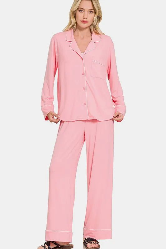 Zenana Button Down Long Sleeve Top and Pants Lounge Set - Bela Fils BoutiqueBela Fils Boutique