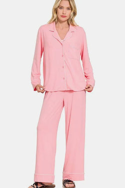 Zenana Button Down Long Sleeve Top and Pants Lounge Set - Bela Fils BoutiqueBela Fils Boutique
