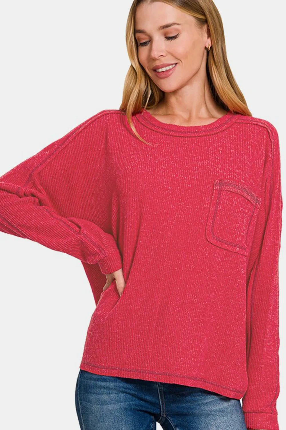 Zenana Full Size Contrast Stitching Brushed Ribbed Hacci Knit Top - Bela Fils BoutiqueBela Fils Boutique