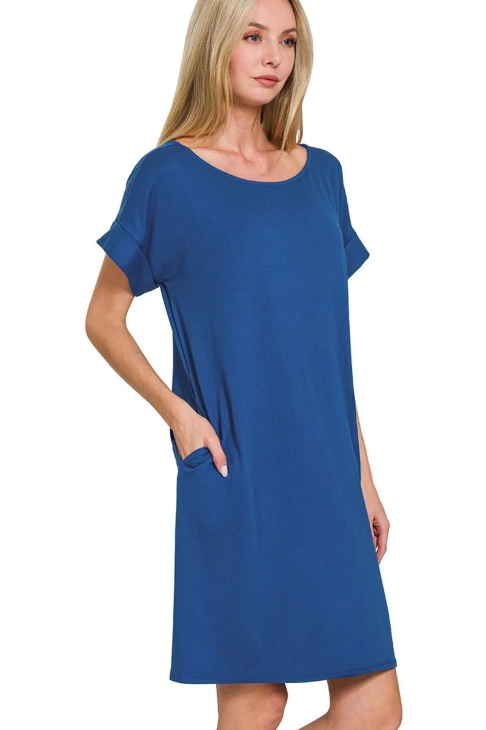 Zenana Rolled Short Sleeve Round Neck Dress - Bela Fils BoutiqueBela Fils Boutique