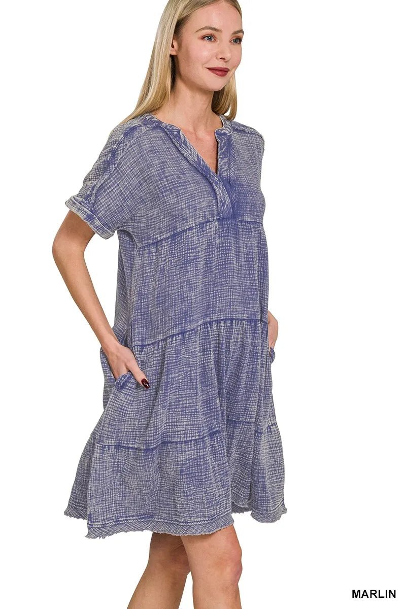 Zenana Washed Double Gauze Raw Edge V - neck Dress - Bela Fils BoutiqueBela Fils Boutique