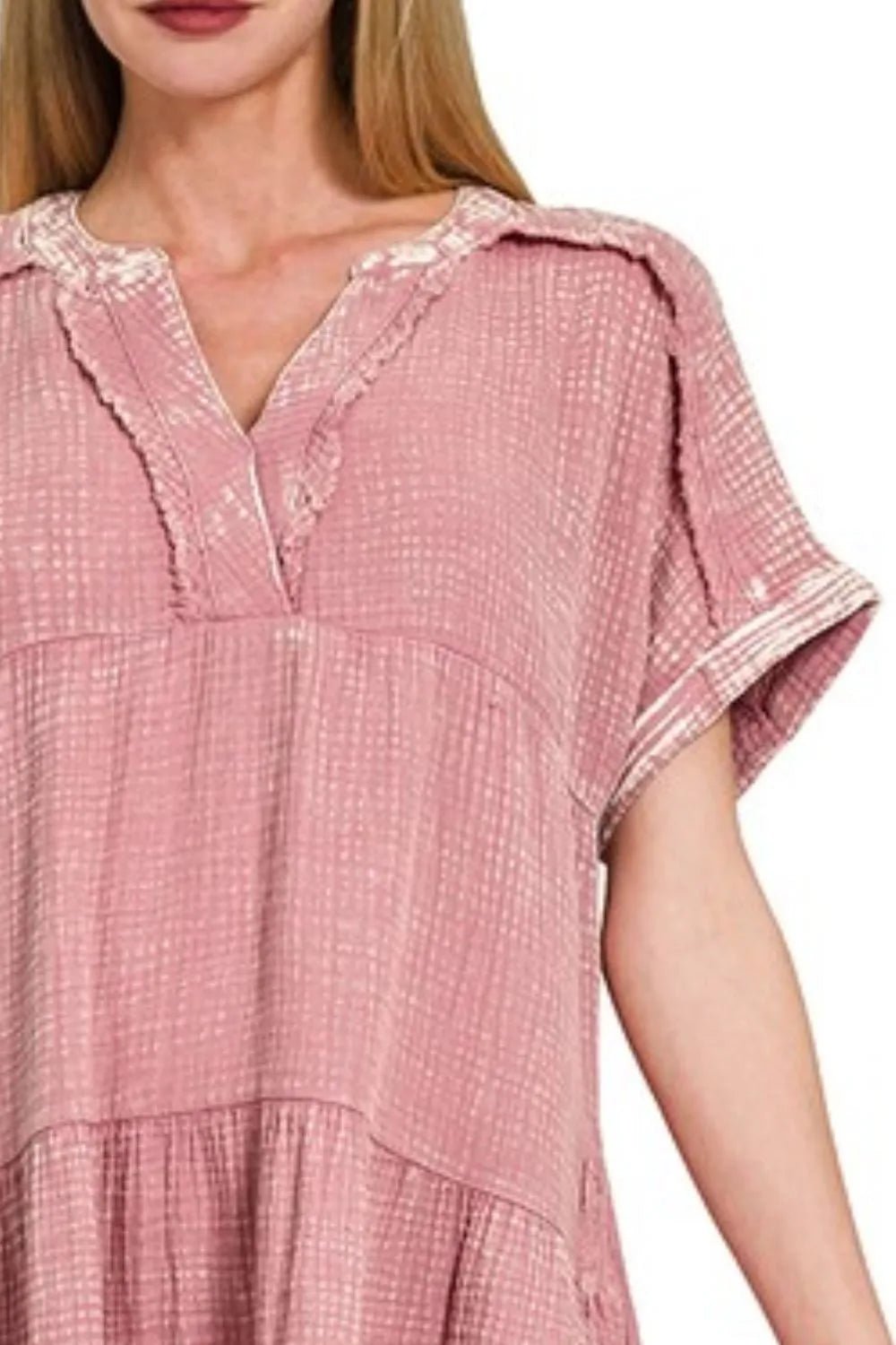 Zenana Washed Double Gauze Raw Edge V - Neck Dress - Bela Fils BoutiqueBela Fils Boutique