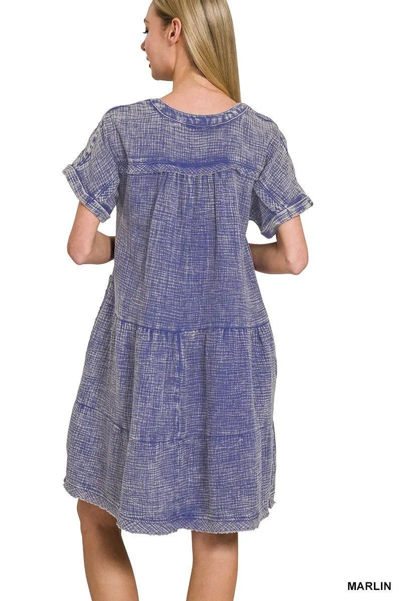 Zenana Washed Double Gauze Raw Edge V - neck Dress - Bela Fils BoutiqueBela Fils Boutique