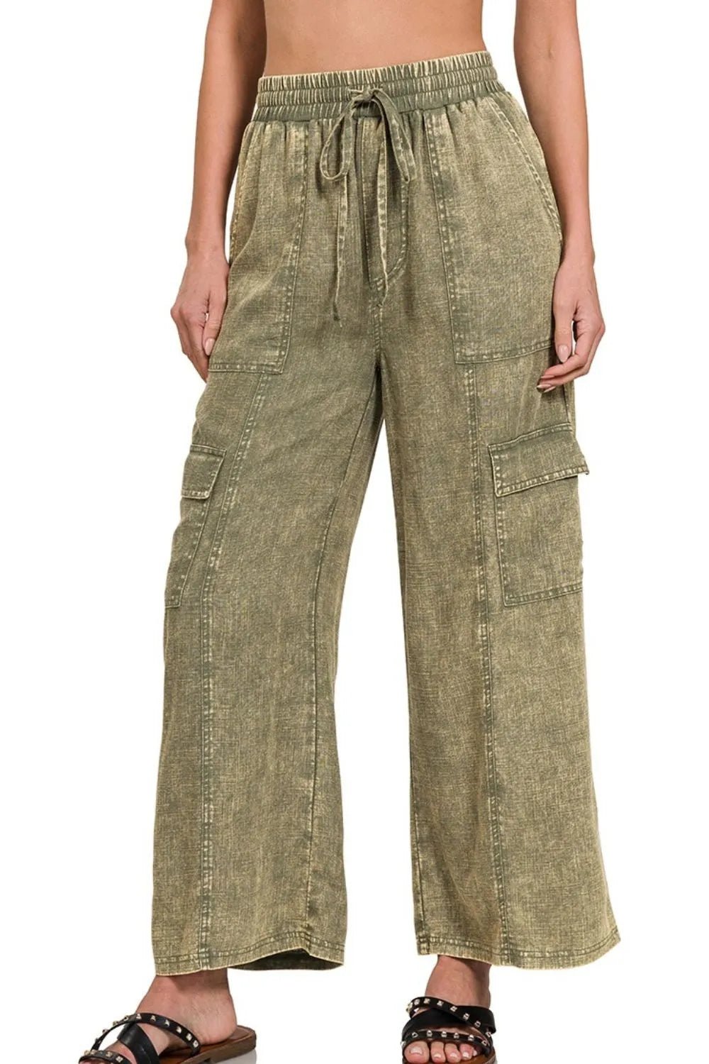 Zenana Washed Linen Elastic Band Waist Cargo Pants - Bela Fils BoutiqueBela Fils Boutique